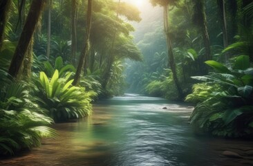 Landscape with sun rays. River in the green jungle. wild nature