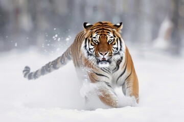 Fototapeta na wymiar Siberian Tiger running in snow