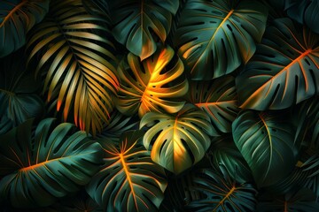 A dark tropical seamless pattern design with palm leaves, trees, and flowers on a black background.