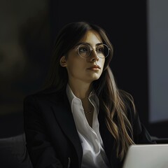 portrait of a woman with glasses, blured background, studio lighting