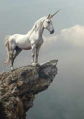 Obraz na płótnie Canvas Enchant with a prompt featuring a white pegasus unicorn gracefully perched on a rock cliff high above