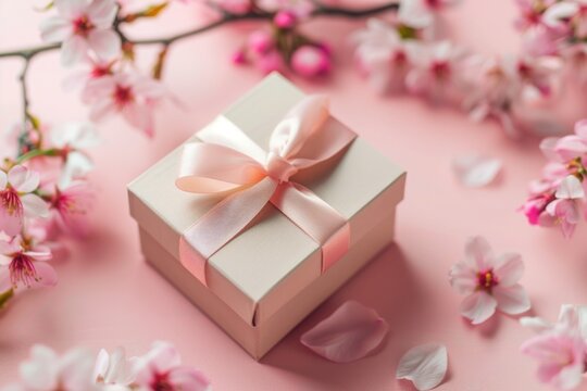 Small elegant present gift box with tiny pale pink satin ribbon decorated with blooming sakura flowers