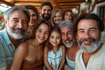 Smiling family group selfie with warm sunlight, showcasing love and unity - Powered by Adobe