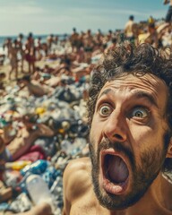 Hombre horrorizado en una playa soleada, llena de residuos y basura en la que toman el sol y pasean multitud de veraneantes alrededor de esta. Concepto salvar el mediambiente y turismo irresponsable - obrazy, fototapety, plakaty