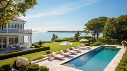 Obraz na płótnie Canvas Mediterranean inspired villa with a sprawling garden and a private beach access in the exclusive Hamptons, New York