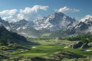 Fototapeta na wymiar A golf course surrounded by majestic mountains, creating a breathtaking backdrop.