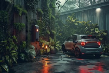 Electric car parked in a picturesque plant-filled corner of a futuristic city, connected to a charging station on a rainy day