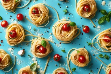 Swirling pasta nests with ripe cherry tomatoes, garlic cloves, and scattered herbs in turquoise background