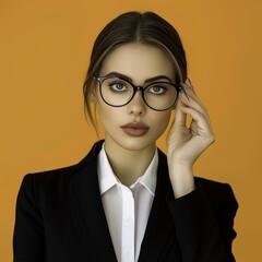 portrait of a woman with glasses, blured background, studio lighting