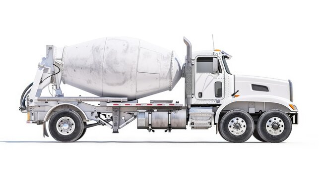 Envision a scene where a cement mixer truck is presented in a clean and clear manner, isolated on a white background