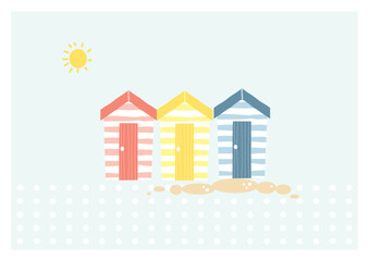 A row of three stripy Beach huts in a cute flat design style in a muted pastel palette