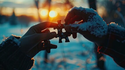 Envision a scene where hands, silhouetted against the winter sunrise, delicately hold a piece of a jigsaw puzzle
