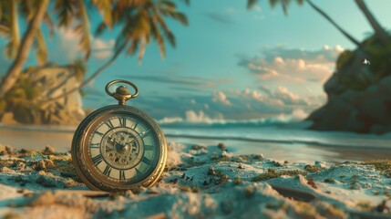 Envision a seaside setting where a vintage pocket watch becomes an antiquity, enhancing the retro...