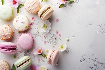 Tasty macarons with flowers on light background with empty space
