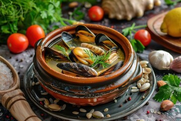Tasty mussel soup or mussel in a plate on a beautiful background with elements of vegetables