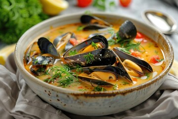 Tasty mussel soup or mussel in a plate on a beautiful background with elements of vegetables - obrazy, fototapety, plakaty