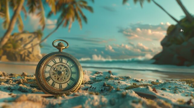 Envision a seaside setting where a vintage pocket watch becomes an antiquity, enhancing the retro beauty of the beach