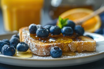 Tasty toast topped with honey with elements of fresh blueberries on a plate and orange juice