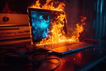 A dramatic scene of a hightech gaming laptop overheating and bursting into flames in a dark room, illuminated only by the light from the fire and the computer screen