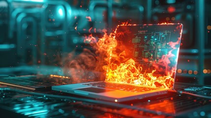 A futuristic laptop with advanced cooling technology failing and catching fire during a critical task, set in a hightech lab environment