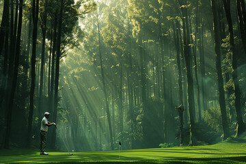 A golfer teeing off against a backdrop of majestic towering trees.