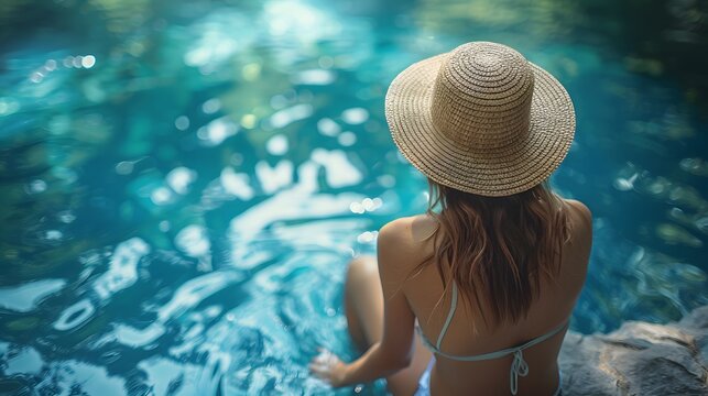 A woman in a sunhat sits at the edge of a pool, facing the bright blue water.
