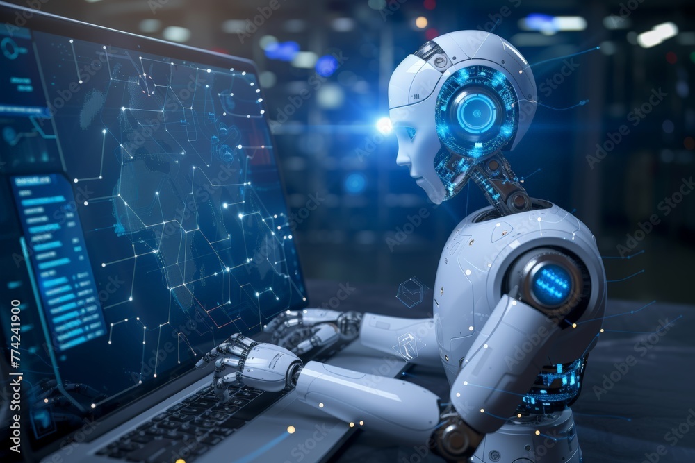 Poster robot in contemplation over global networks, its visage a map of connectivity, eyes fixed on a unive