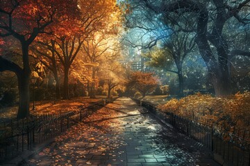 A canvas where autumnal glow meets winter’s chill, an enchanting pathway leads through a storybook scene of seasonal blend. Pathway narrates a tale of changing times, bordered by the fiery farewell