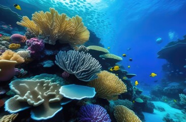 Various corals in the ocean and colorful fish