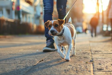 the dog walks on a leash with the owner during a walk in the city - obrazy, fototapety, plakaty