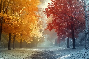 golden-hued avenue, lined with trees shedding autumn’s bounty, softly succumbs to embrace of winter’s gentle snow. Luminous trail bordered by trees in seasonal transition, their fallen leaves kissed - obrazy, fototapety, plakaty