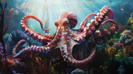 Explore the ocean's depth in a prompt highlighting an octopus in its natural habitat - obrazy, fototapety, plakaty