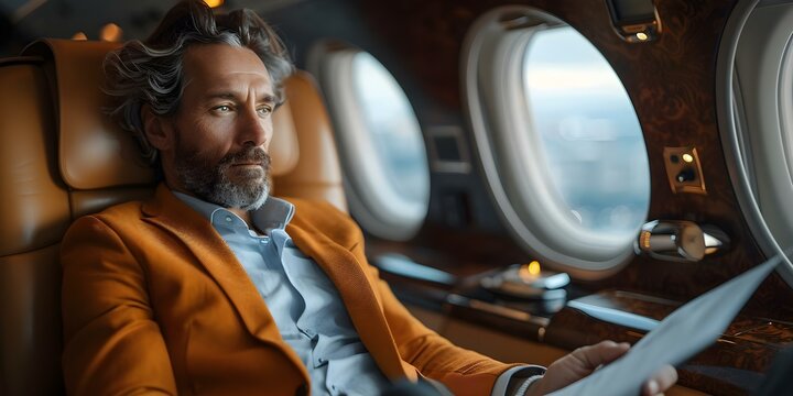Business executive reviewing financial papers with a focused demeanor in a private jet against city views. Concept Business, Executive, Financial Papers, Private Jet, City Views - Powered by Adobe