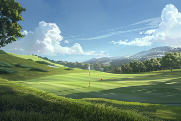 A golfer's perspective, looking towards the flagstick on a challenging par 5. - obrazy, fototapety, plakaty