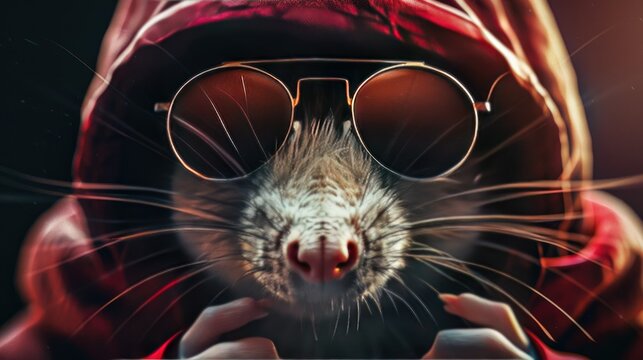 Generate an attention-grabbing poster for a rat characterized by a cool demeanor, depicted with a hood and stylish glasses