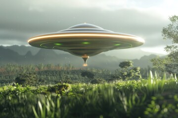 UFO flying over a green glade, extraterrestrial civilization