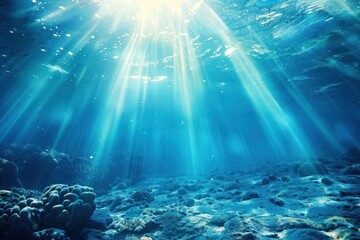 Underwater background with blue water and sun rays - obrazy, fototapety, plakaty