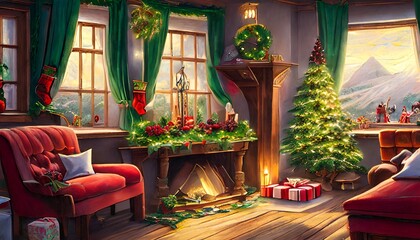 christmas room with fireplace - obrazy, fototapety, plakaty