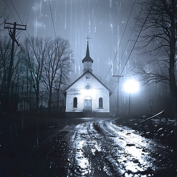 Igreja abandonada no meio da floresta. Ilustração sombria aterrorizante. 