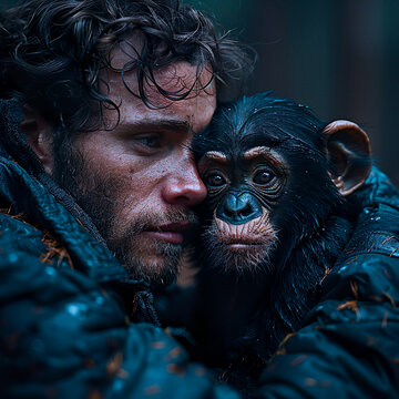 retrato de Ilustração fotográfica mostrando reciprocidade amorosa de um ser humano e um animal. Homemr e macaco se abraçando. 