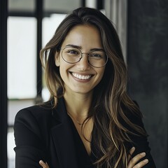 portrait of a woman with glasses, blured background, studio lighting