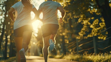 closeup Running in park at morning time. Cheerful husband and wife competing together and jogging on fresh air. Active people wearing sport clothes doing cardio for good health and staying fit. - obrazy, fototapety, plakaty