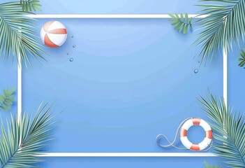 a swimming pool background with a white frame and beach ball, life ring and palm leaves on the water surface a blue color scheme and minimalist style with a flat composition Generative AI