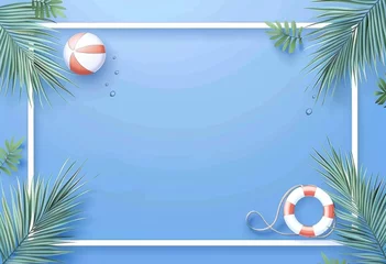 Fototapeten a swimming pool background with a white frame and beach ball, life ring and palm leaves on the water surface a blue color scheme and minimalist style with a flat composition Generative AI © SKIMP Art