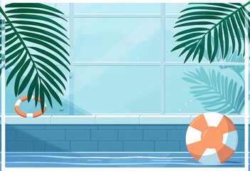 Cute summer pool background with a white frame, swimming ring and beach ball on a blue water Summer vacation banner template for social media post design Generative AI