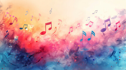 Colorful musical notes on abstract watercolor background - obrazy, fototapety, plakaty