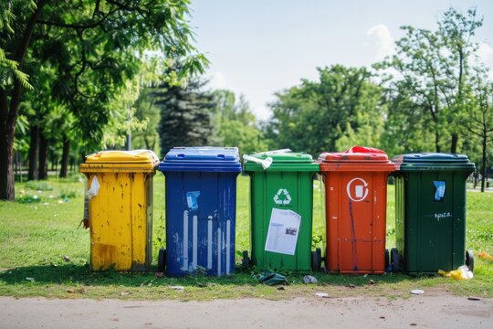Various recycle garbage containers standing on park