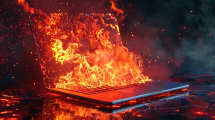 A 3D illustration of a laptop on fire, keys melting into a pool of liquid metal, vibrant flames engulfing the device, emanating intense heat