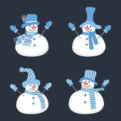 Cute snowmen. Set. Four different snowmen in beautiful blue winter clothes. Greeting card template. Vector illustration on dark blue