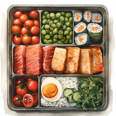 Illustration of a Take Away Lunch Box with Sushi, Sashimi and Vegetables